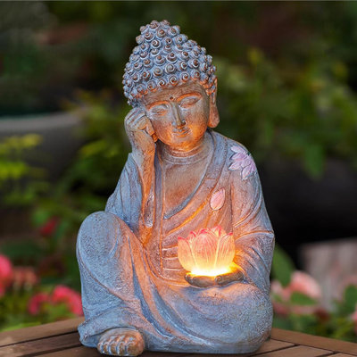 Statue solaire de jardin de Bouddha solaire avec lumière de fleur de lotus - Décoration zen imperméable IP65 pour l'extérieur