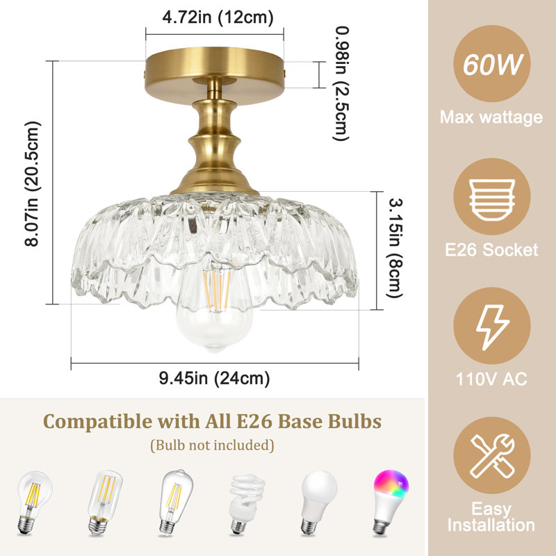 Maemi Vintage Semi-flush Mount Ceiling Light,petal Glass For Living Room, Clear