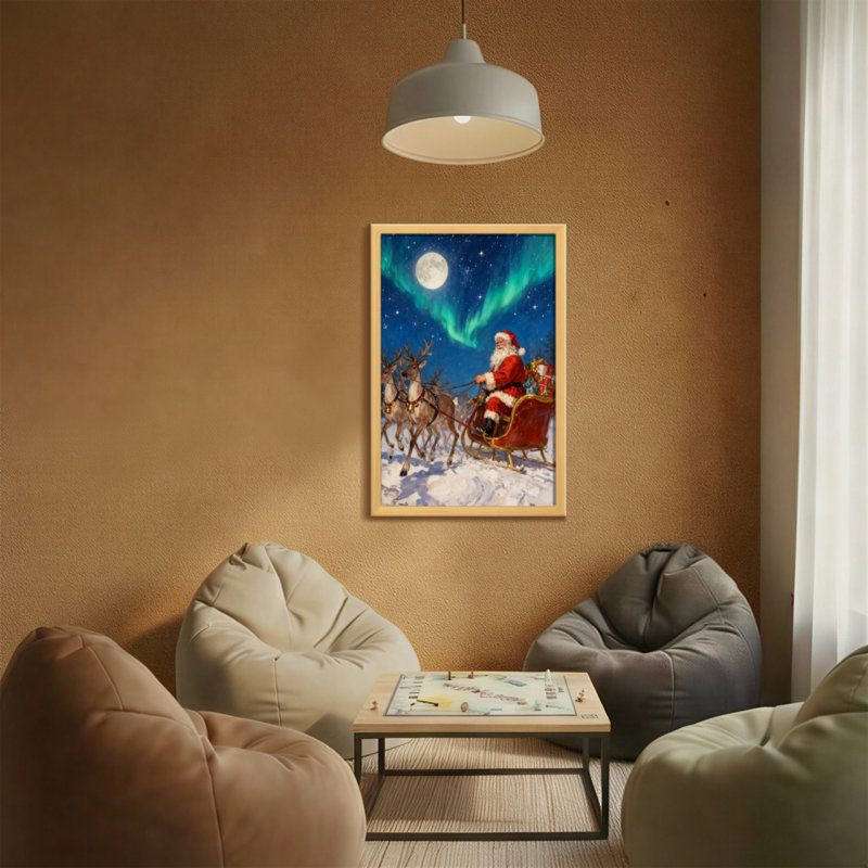 Père Noël de Noël sur un traîneau avec un renne au clair de lune, H 36 po x l 24 po