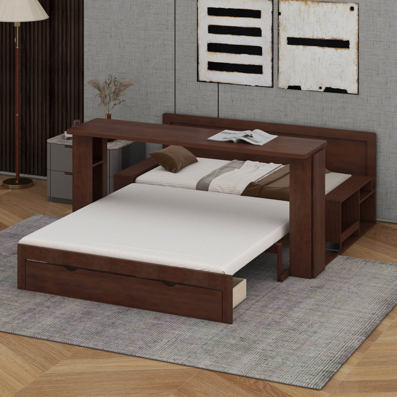 Daybed With Removable Desk, Storage Drawers & Hydraulic Side Table, Espresso, Queen