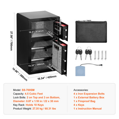 Coffre-fort à double porte de 127 litres (4,5 pi³) avec serrure à clé et code, éclairage DEL, 2 séparateurs amovibles et réglables en hauteur pour l'argent, sac ignifugé, porte-clés et compartiment pour documents, noir.