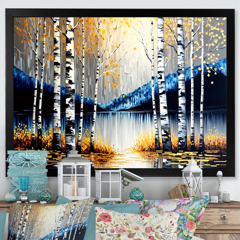 Monochromes de bouleaux dorés au bord de la rivière IV - paysage, art mural sur toile, L 20 po x H 12 po, Cadre photo noir