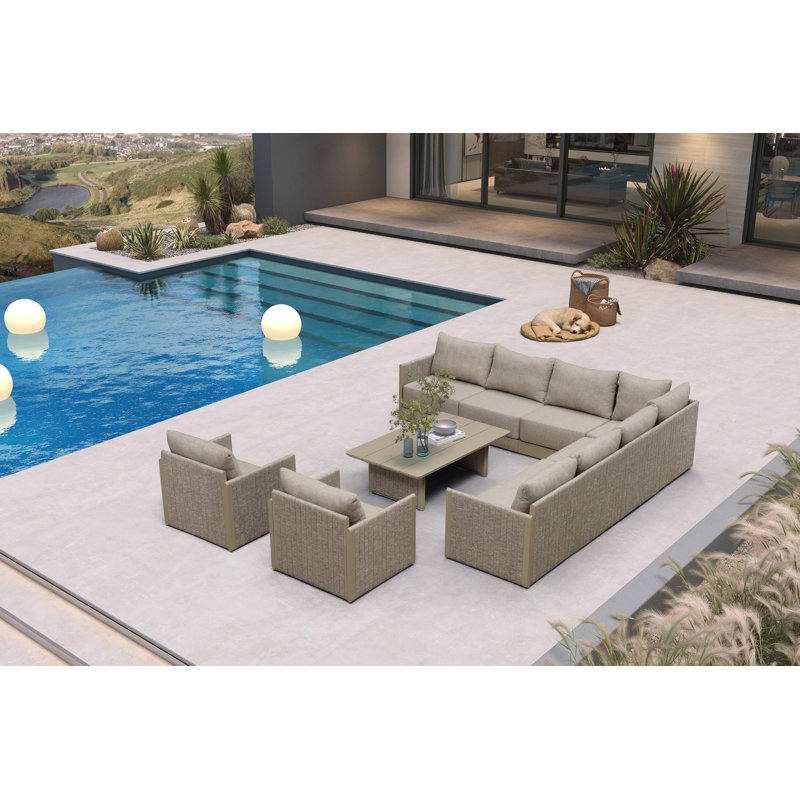 10 Pieces Patio Conversation Sets with Coffee Table, All Weather Outdoor Couch Sectional Set with Cushion, Small Conversation Set for Garden Poolside Backyard Beige