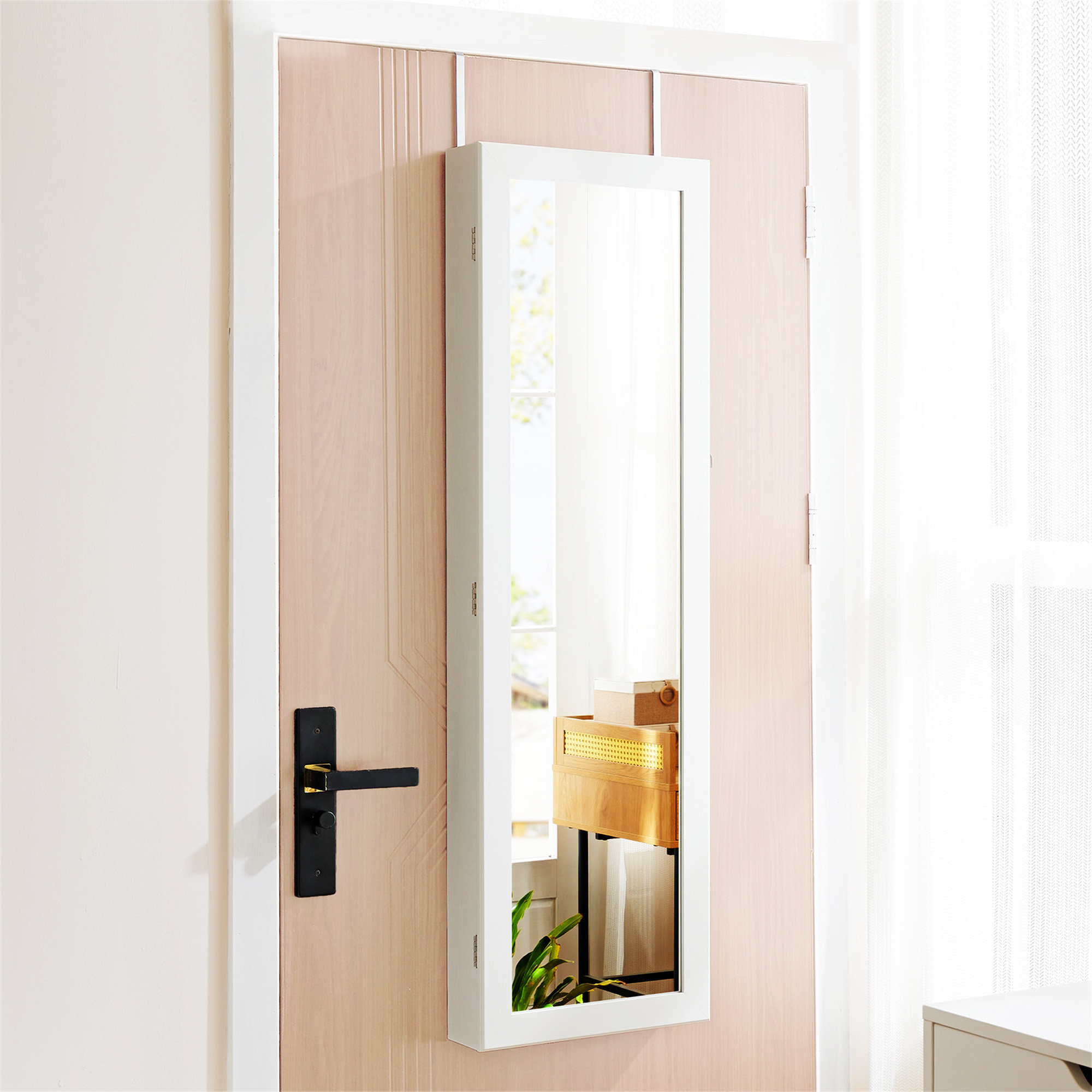 44-Inch Full Length Mirror Jewelry Cabinet With Lock - LED Light, Wall Mount Or Door Hang, White