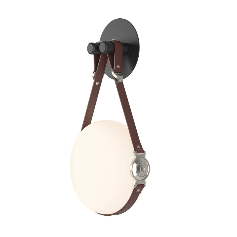 Derby 1 - Light LED Dimmable Armed Sconce, Polished Nickel, British Brown Leather, Non-Branded Plate