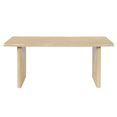 68.75 Inch Rectangular Indoor Dining Table Scalloped Tabletop Natural Oak Veneer MDF Top Ribbed Rubber Wood Legs 200 Pounds Capacity Seats 4 to 6 Persons for Bohemian Farmhouse Mid Century Dining Room