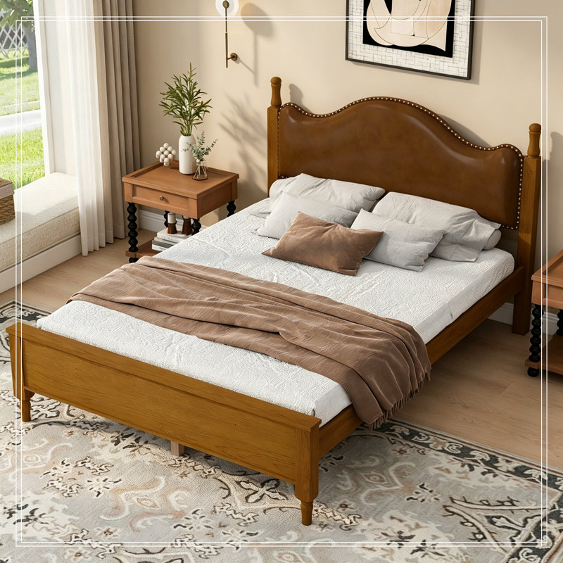 Base de lit en bois grand format avec tête de lit tapissier, Brown