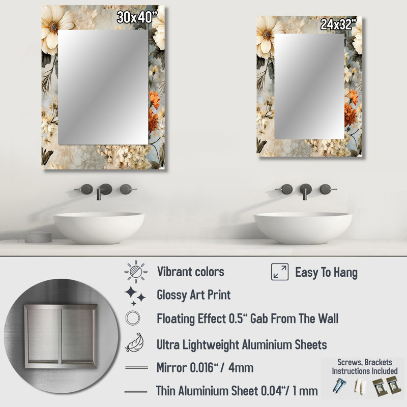 Décoration murale rustique rustique en dentelle - miroir floral, 32 po x 24 po