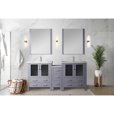 72 In. W Double Bath Vanity In Dark Grey, Side Cabinet, White Ceramic Top, Faucet , Soft - Close Drawers And Cabinets, Two Interior Storage Scratch Proof Single Hole Vanity, Width, Grey Finish,