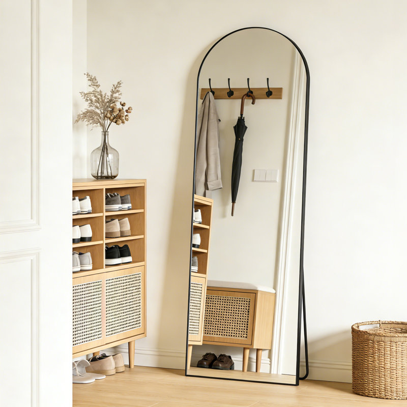 Arched Full-Length Floor Mirror with Aluminum Alloy Frame, Shatter-Resistant Glass, Freestanding or Wall Mounted, Black