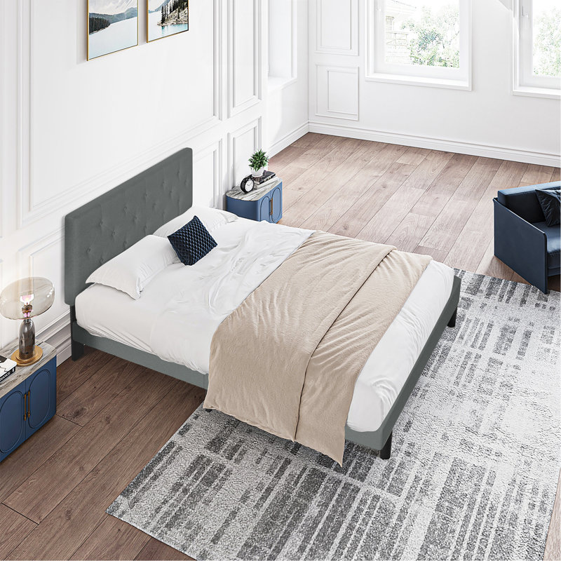 Base de lit tapissier grand format avec tête de lit en lin capitonné moderne, Grand lit, Gris foncé