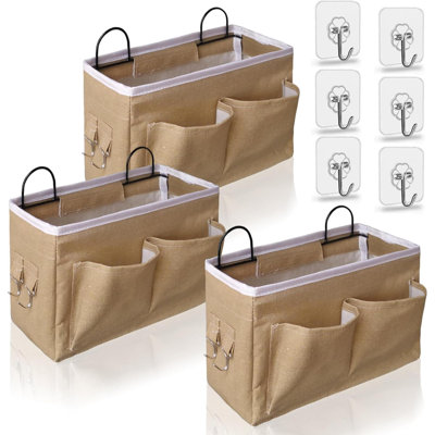 3Pcs Middle Wall Hanging Organizer Bag, Linen Fabric Door Hanging Storage Basket With Pockets, Waterproof Bin For Kitchen, Bedroom, Office, RV Camper (Khaki)