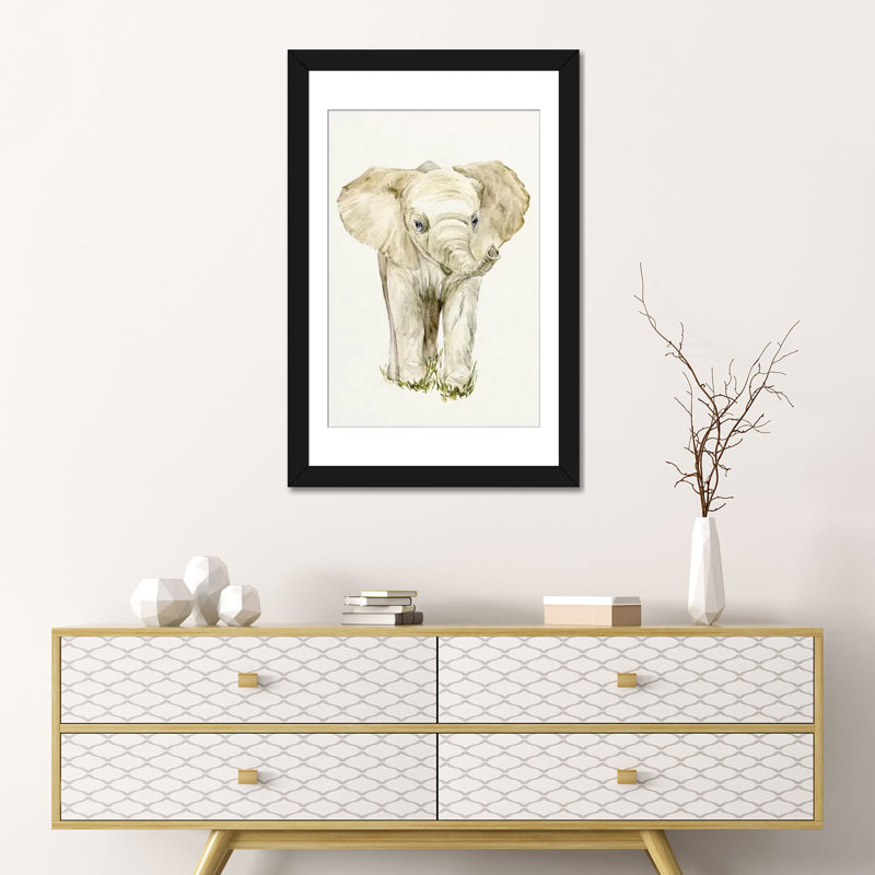 «Baby Elephant II», reproduction d'aquarelle sur toile, Papier d'art encadré noir, Blanc, H 32 po x l 24 po x P 1 po