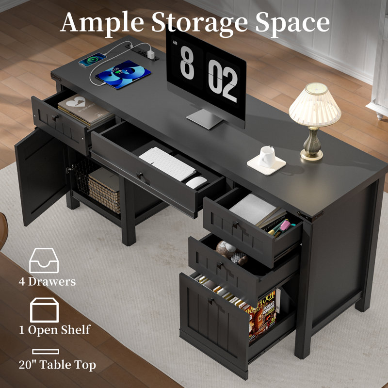 61.8" Modern Farmhouse Executive Desk, Black