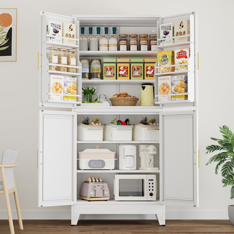 74.8" Tall Metal Food Cabinet, White Kitchen Pantry Cabinet, Storage Cabinets with 4 Door and 4 Adjustable Shelves, Steel Freestanding Cupboard for Kitchen Dining Room Living