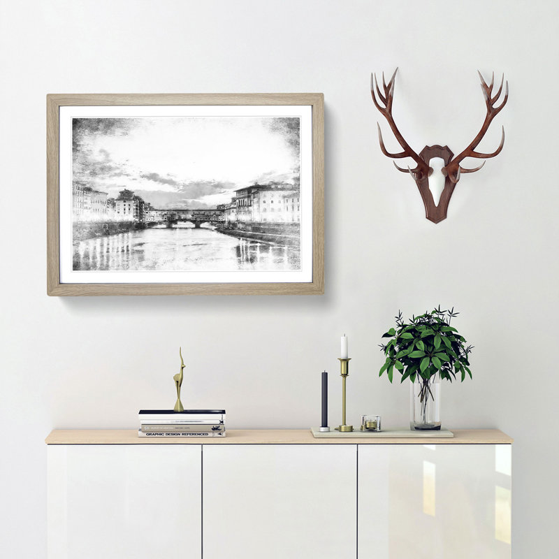 Ponte Vecchio Bridge in Florence Italy - Framed Print, 62cm H x 87cm W x 2cm D, Oak Framed