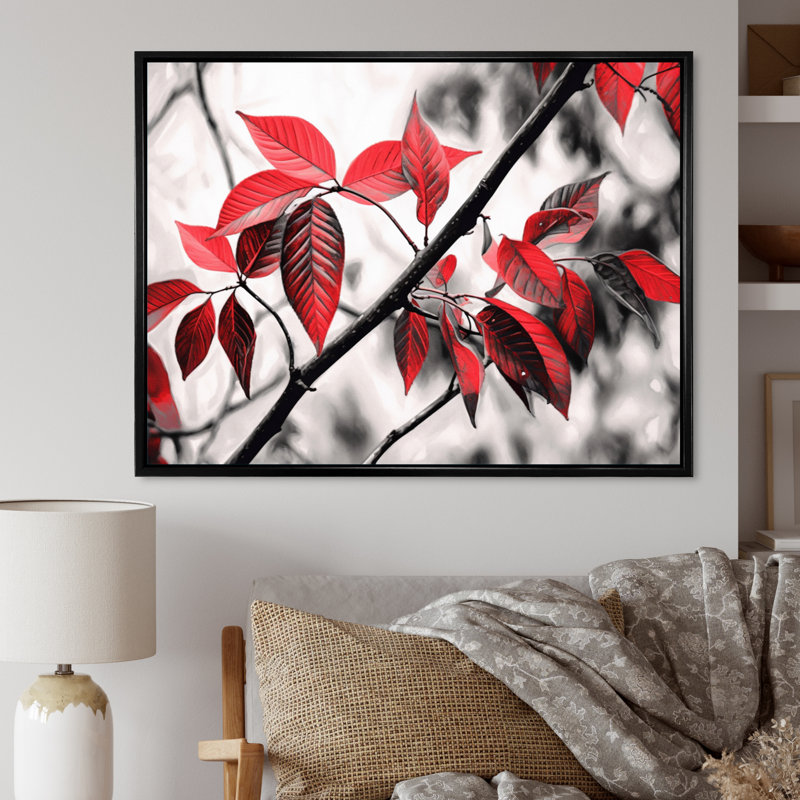 Feuilles rouges et grises sur un arbre II, H 12 po x l 20 po x P 1 po, Cadre flottant noir