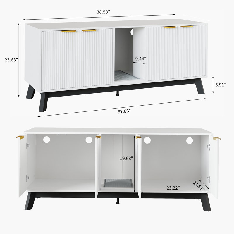 Enceinte de litière pour chat pour 2 chats, meubles cachés pour litière avec chambre double et tapis, White