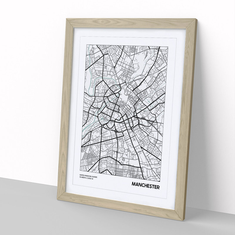 Map Manchester UK - Picture Frame Graphic Art, 48cm H x 36cm W x 2cm D, Oak