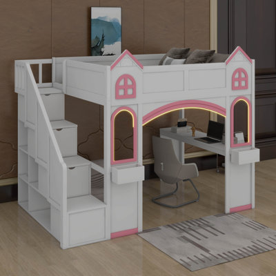 Castle House Loft Bed With Desk, Stairs, LED Light, And Windows, Wood Princess Loft Bed With Storage Shelves