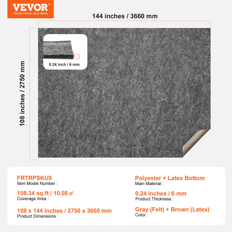 Dual Surface 0.6cm Thick Non Slip Rug Pad, Rectangle 274.3cm x 365.8cm