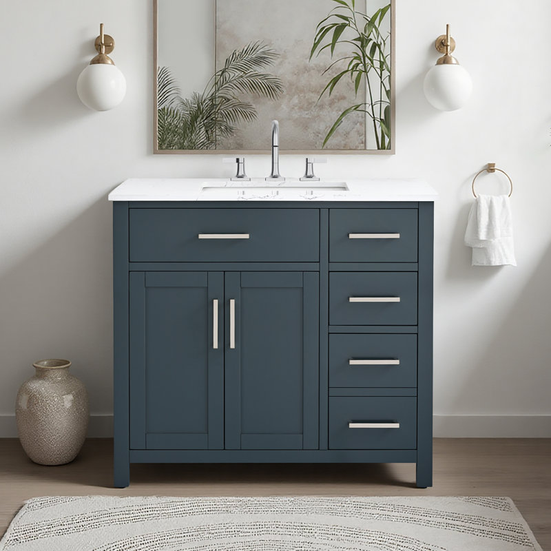 Ensemble de meuble-lavabo simple 36 po avec plateau en marbre Shamar, Bleu rétro / nickel poli