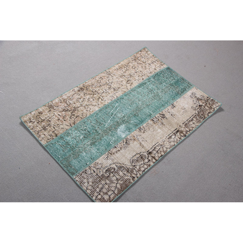 Tapis turc beige et bleu sarcelle tissé à la main à la main - Petite pièce décorative en laine pour le salon ou la chambre à coucher avec design anatolien authentique