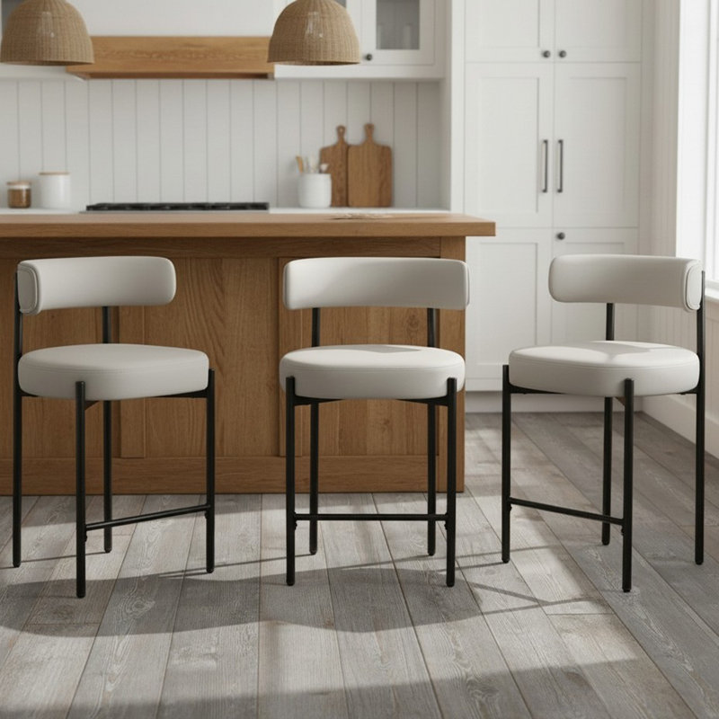 Tabouret de comptoir à dossier bas 24 po Najira, Noir, noir, noir, noir, Similicuir beige / gris, 3