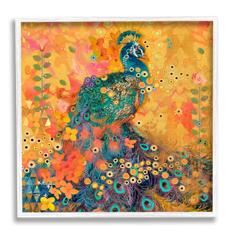 Motif de paon bohémien, impression sur bois, Giclée encadrée blanc bord de mer, H 24 po x l 24 po x P 1,5 po
