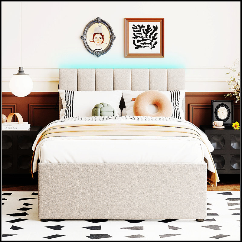 Lit plateforme tapissier Teddy, Beige