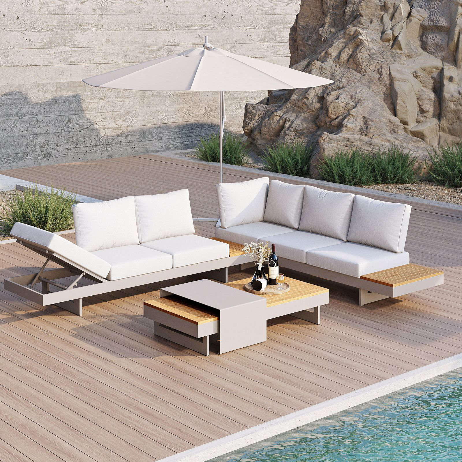 97" Teak Patio Sectional, White