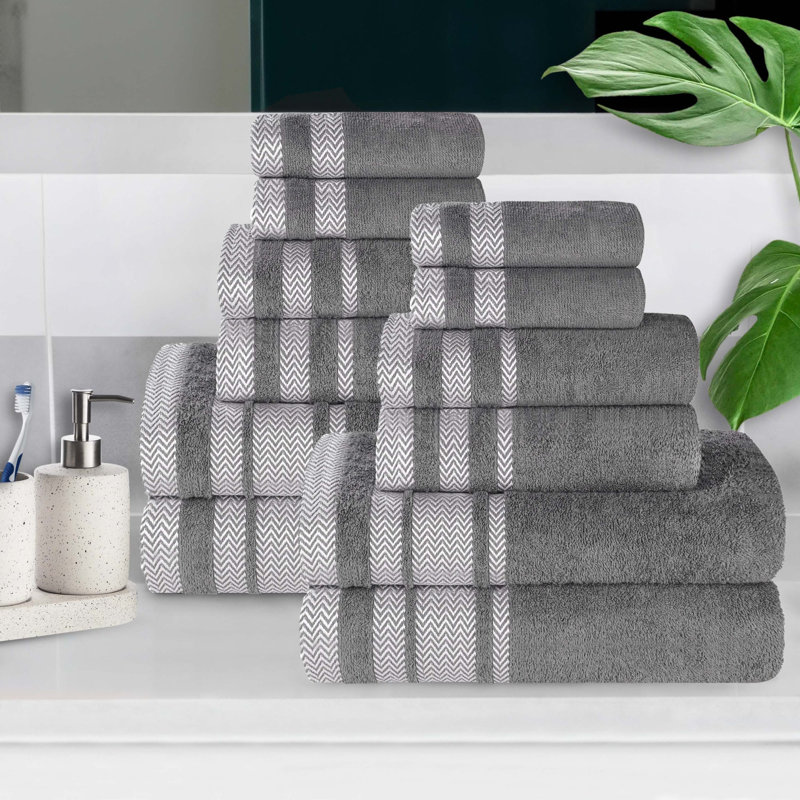 Ensemble de 12 serviettes de bain en coton dobby à bordure en peluche douce et absorbante, poids moyen, Gris