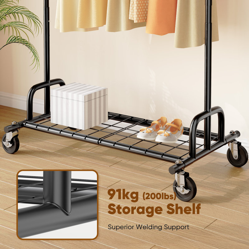 Heavy Duty Clothes Rail 238kg (525lbs) Capacity, Extendable Hanging Rack with Lockable Wheels & Shelves, Black