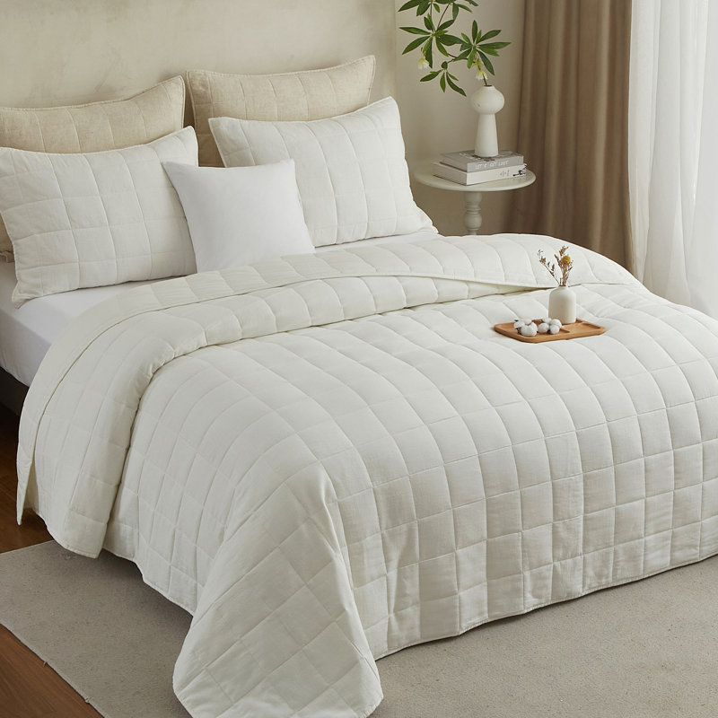 100% Linen Quilt Set, Pre-Washed Linen Front and Cotton Back Comforter, White, King Quilt + 2 King Shams