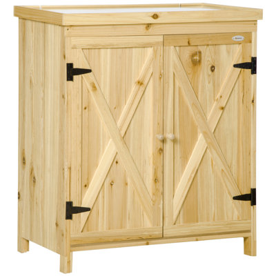 Outsunny Garden Storage Cabinet, Outdoor Tool Shed With Galvanized Top And Two Shelves For Yard Tools Or Pool Accessories, Natural