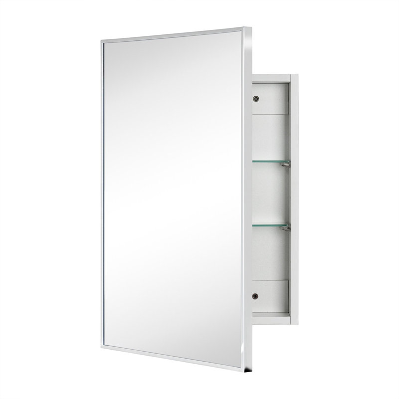Velin 16.5'' x 24'' Chrome Recessed and Surface Mount Bathroom Medicine Cabinet with Mirror Matt Black Square Cornered Metal Framed Rounded Rectangle Medicine Cabinet Mirror