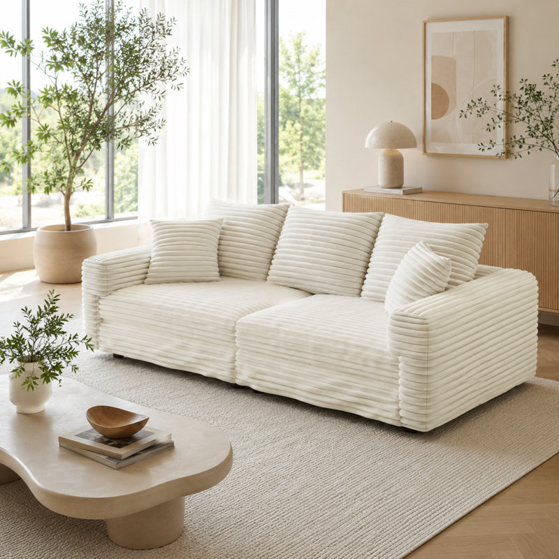 Canapé 3 places en velours côtelé Modern, H 35,35 po x l 82,87 po x P 35,43 po, Beige