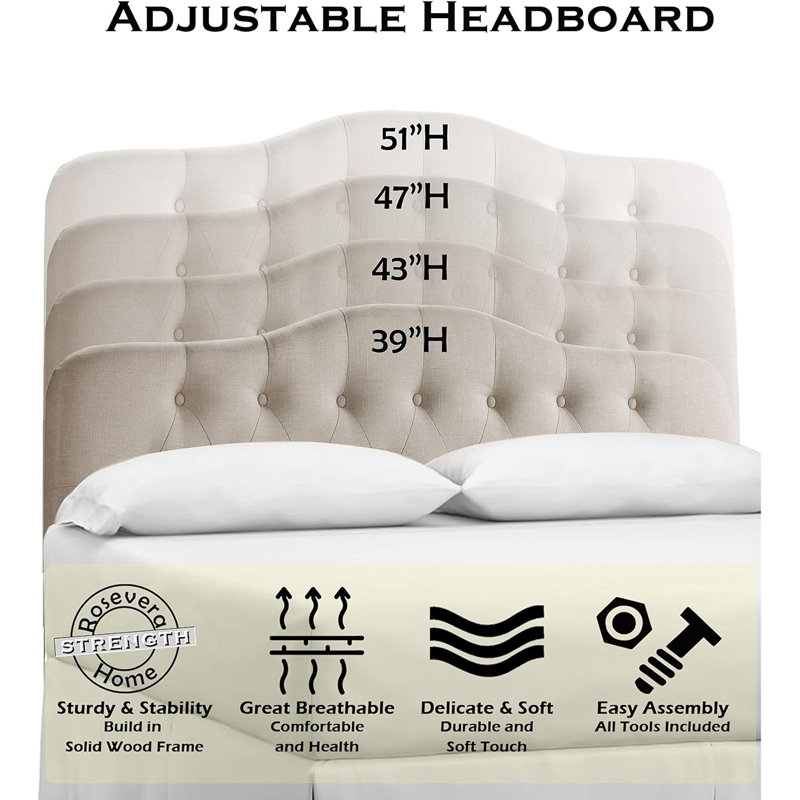 Linen Upholstered Headboard-Modern-Adjustable Height-Button Tufting, Beige, King