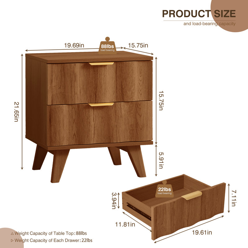 2 - Drawer End Table With Storage, 2 - Drawer Nightstand, Walnut