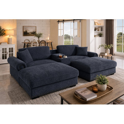 Canapé modulaire en chenille avec ports USB 104,86 "， deux repose-pieds, rangement et porte-gobelets (5 pièces)