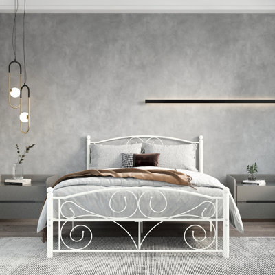 Metal Queen Bed With Headboard & - Strong Bearing Capacity, Structure Size Frame And , System, Modern Style, White, Noise , Easy Assembly, No Box Spring Needed, 600 Lbs Weight Limit