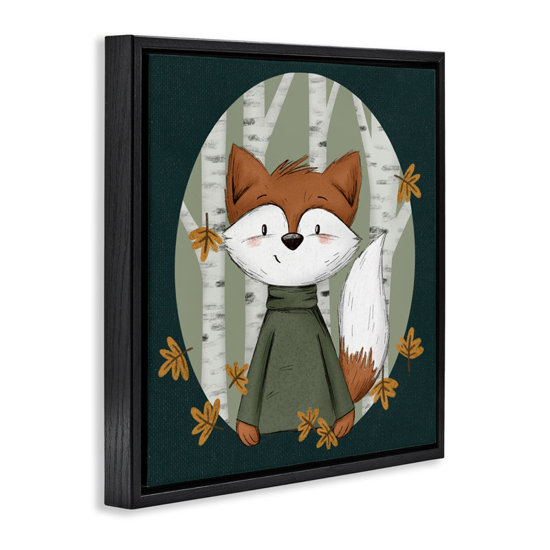 Cadre flottant Autumnal Fox & Birch Trees, design par Sarah Hickman, Cadre flottant noir de jais, H 18 po x l 18 po