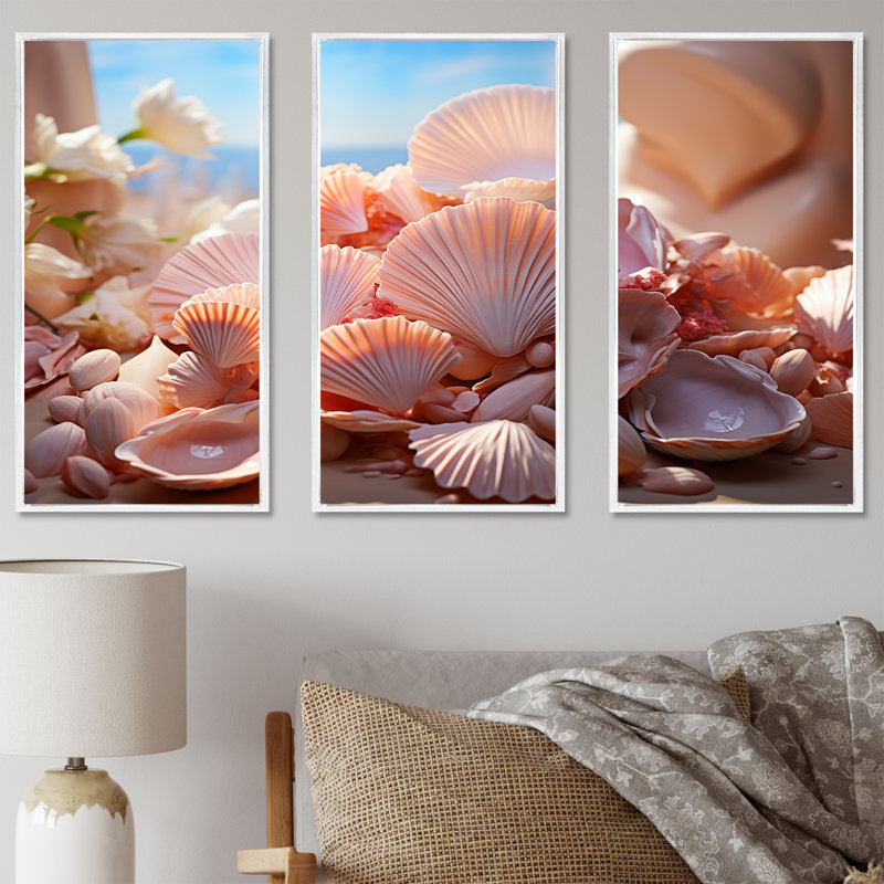 Romantisme, coquillages - ensemble d'art mural coquillage, H 40 po x l 60 po x P 1 po, Cadre flottant blanc