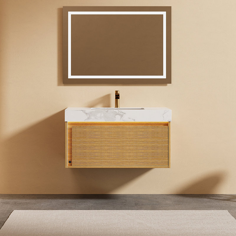 Meuble-lavabo flottant avec comptoir en pierre frittée, lavabo en céramique et capteur DEL