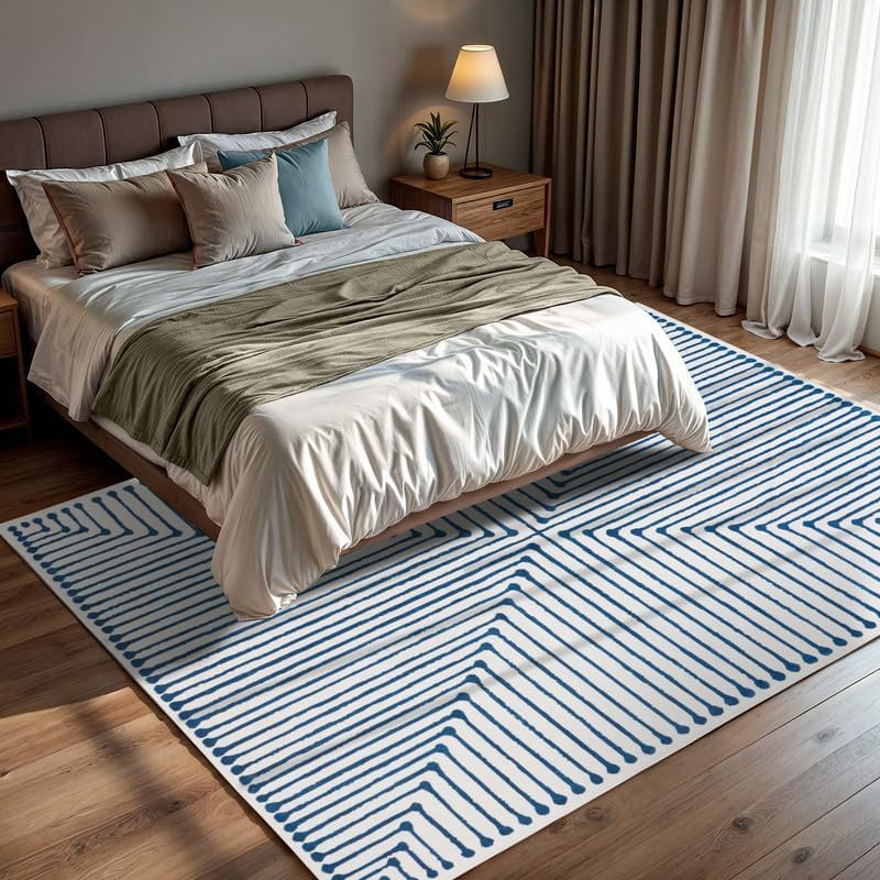 Teos - Indoor, Machine Washable Area Rug - 5'x7' Blue Ivory Home Carpet, Rectangle 5' x 7'