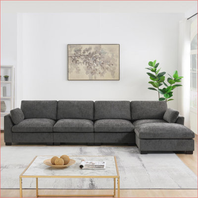 Sectional Sofas 130'' L-Shape 5-Seat Modular with Folding Table, Dual USB Charging, Storage Pockets, Reversible Ottoman – Ideal for Family Movie Nights | Chenille | Charcoal Gray
