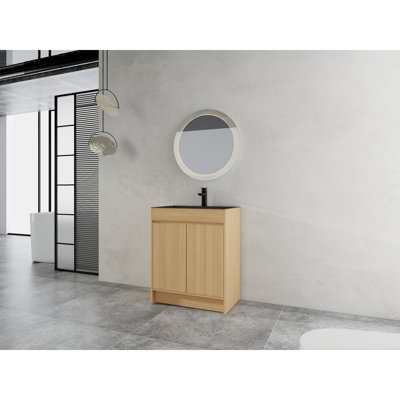 Armoire utilitaire autoportante pour meuble-lavabo 28 po avec évier en acier inoxydable et tuyau de vidange flexible, porte à fermeture en douceur, chêne, contreplaqué, emballage KD