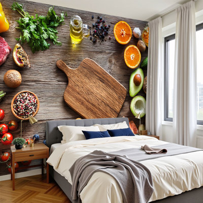 Peel and Stick Wallpaper 96" W x 69" H Modern Self Adhesive Wall Mural for Bedroom Food Table Filled Variety Fruit Vegetable Healthy Eating