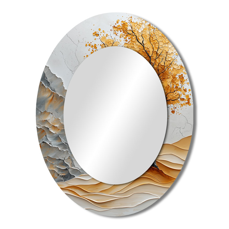 Wjhite And Gold Minimalist Basswood II - Large Oval Wall Mirror On Metal, 43" x 33"