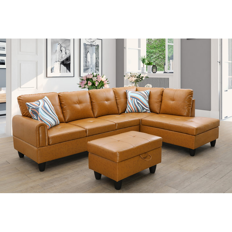Addalyne Faux Leather L-Shaped Sectional, Ginger Faux Leather, Right Hand Facing